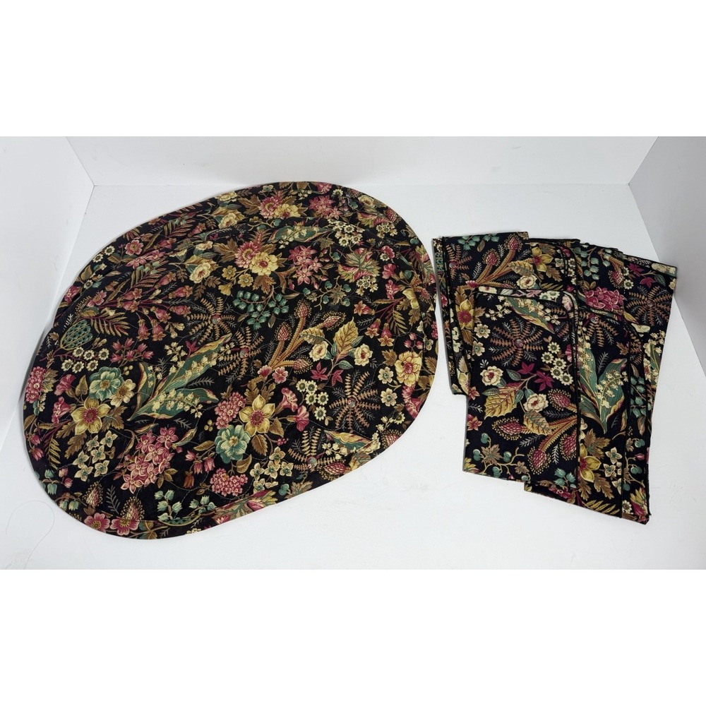 Quilted Oval Placemats & Fabric Napkins Set of 8 Black Jacobean Floral Vintage